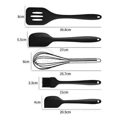 Kit 5 Utensílios Jogo De Cozinha Peças De Silicone Espátulas Batedor Manual E Pincel - Preto