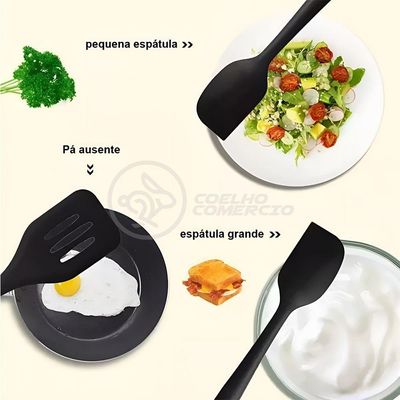 Kit 5 Utensílios Jogo De Cozinha Peças De Silicone Espátulas Batedor Manual E Pincel - Preto