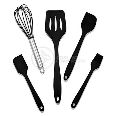 Kit 5 Utensílios Jogo De Cozinha Peças De Silicone Espátulas Batedor Manual E Pincel - Preto