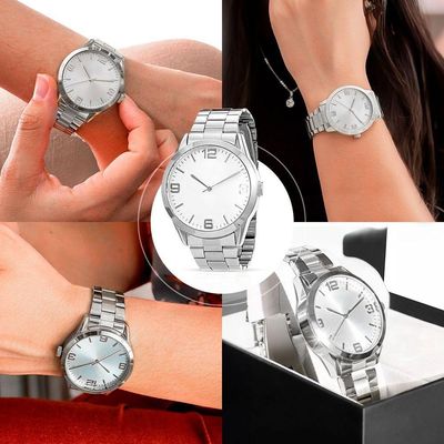 Relogio Feminino Prata Aço Inox + Caixa + Pulseira Pandora