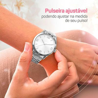 Relogio Feminino Prata Aço Inox + Caixa + Pulseira Pandora