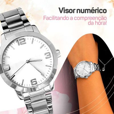 Relogio Feminino Prata Aço Inox + Caixa + Pulseira Pandora