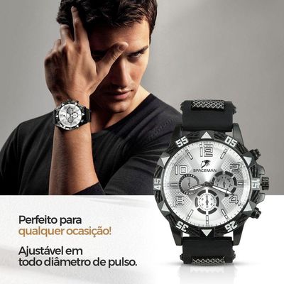 Relogio Masculino Aço Inox + Cordão Crucifixo + Pulseira Preto Spaceman Cruz Fina