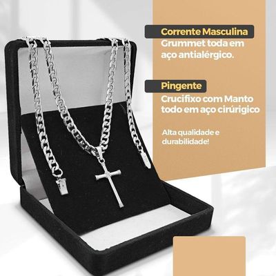 Relogio Masculino Aço Inox + Cordão Crucifixo + Pulseira Preto Spaceman Cruz Fina
