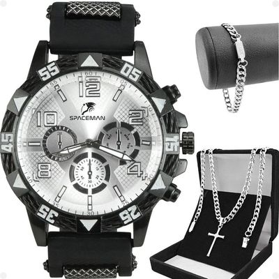 Relogio Masculino Aço Inox + Cordão Crucifixo + Pulseira Preto Spaceman Cruz Fina
