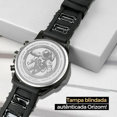 Relogio Masculino Aço Inox + Cordão Crucifixo + Pulseira Preto Spaceman Cruz Fina