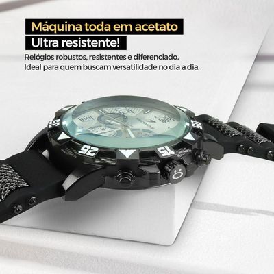 Relogio Masculino Aço Inox + Cordão Crucifixo + Pulseira Preto Spaceman Cruz Fina