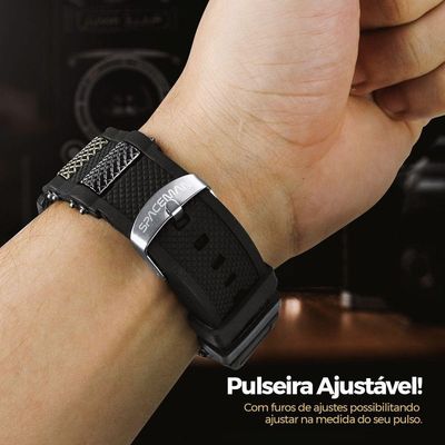 Relogio Masculino Aço Inox + Cordão Crucifixo + Pulseira Preto Spaceman Cruz Fina