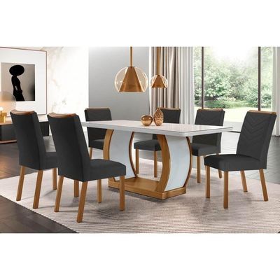 Sala De Jantar Completa Jade Tampo Madeirado C- Vidro Canto Curvo 180x90 E 6 Cadeiras Londrina Imbuia-off White - Suede Grafite - Rufato