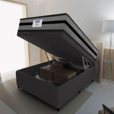 Cama Box Baú Casal Colchão Gazin Com Molas Ensacadas Rubi 138x188x73cm Suede Cinza/Preto
