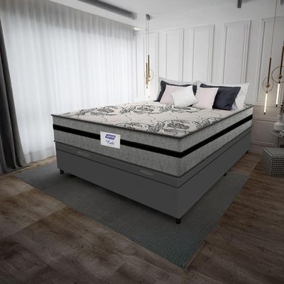 Cama Box Baú Casal Colchão Gazin Com Molas Ensacadas Rubi 138x188x73cm Suede Cinza/Preto