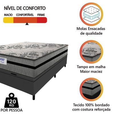 Cama Box Baú Casal Colchão Gazin Com Molas Ensacadas Rubi 138x188x73cm Suede Cinza/Preto