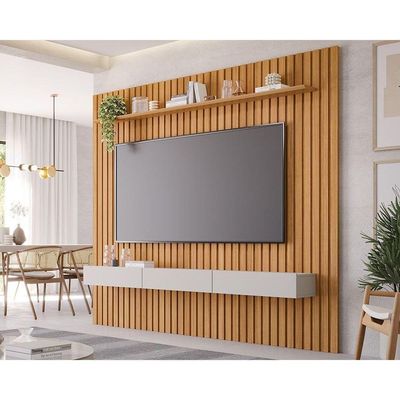 Rack Bancada Com Painel Para Tv Até 75 Pol Maragogi Ripado 1 Porta E 2 Gavetas 230x220cm Nature-off White - Permóbili