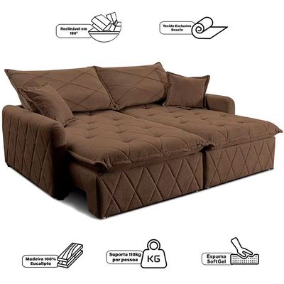 Sofá 3 Lugares Cama inBox Sublime Retrátil e Reclinável Revestido em Bouclé 180cm de Largura Marrom