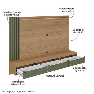 Painel Presence Artely com 1 Prateleira para Tvs de até 75 Polegadas Menta/Carvalho