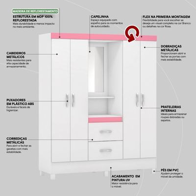Guarda Roupa Solteiro 4 Portas Com Espelho E 2 Gavetas Loanda Branco-rosa-branco Branco