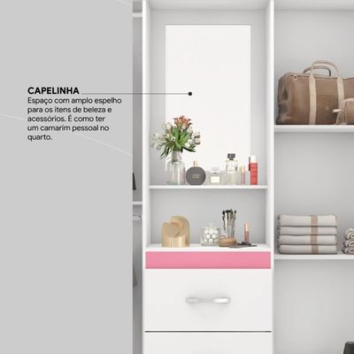 Guarda Roupa Solteiro 4 Portas Com Espelho E 2 Gavetas Loanda Branco-rosa-branco Branco