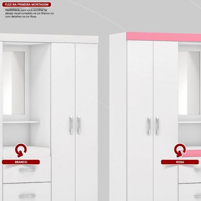 Guarda Roupa Solteiro 4 Portas Com Espelho E 2 Gavetas Loanda Branco-rosa-branco Branco