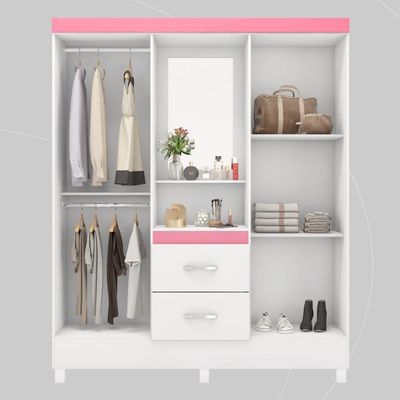 Guarda Roupa Solteiro 4 Portas Com Espelho E 2 Gavetas Loanda Branco-rosa-branco Branco