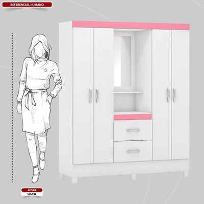Guarda Roupa Solteiro 4 Portas Com Espelho E 2 Gavetas Loanda Branco-rosa-branco Branco