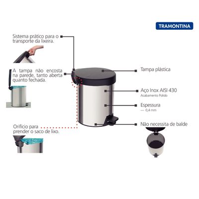 Lixeira com Pedal 5 Litros New Tramontina em Aço Inox Polido com Tampa Plástica