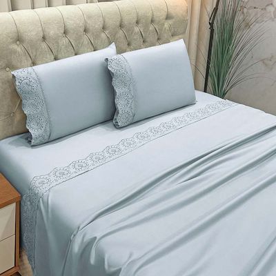 Jogo de Cama Lençol Bella Queen 4 Peças MicroPercal 300 Fios Bordado Inglês Macio - Cinza