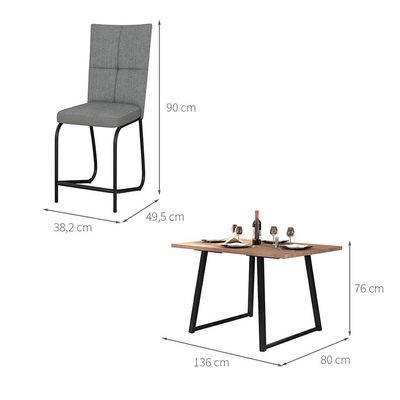 Conjunto de Mesa Retangular com Tampo de MDP Amadeirado Atlanta e 4 Cadeiras Mônaco Revestimento Sintético Cinza e Preto
