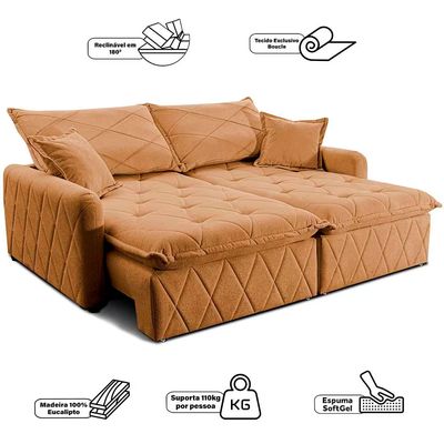 Sofá 3 Lugares Cama inBox Sublime Retrátil e Reclinável Revestido em Bouclé 180cm de Largura Caramelo