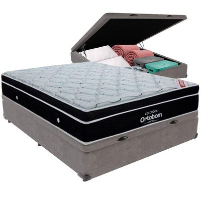 Cama Box Baú Cinza E Colchão Elegant Molas Ensacadas Casal Ortobom
