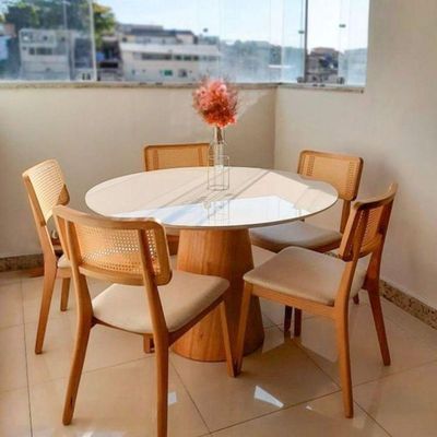 Mesa De Jantar Cone Redonda 130 Cm Base Madeira Freijó Tampo Laqueado Cor Branco