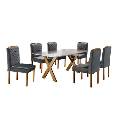 Sala de Jantar com 6 Lugares Mesa Tampo de Vidro Móveis Mundial Mel/Off White/Cinza Profundo