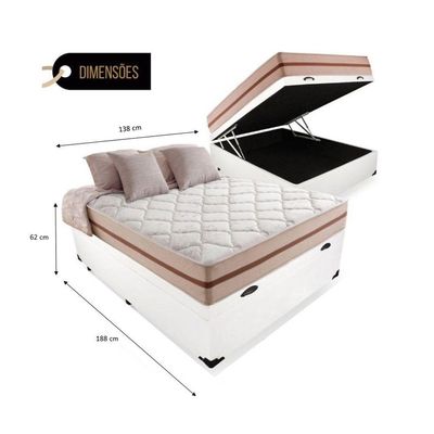 Cama Box Baú Casal Tecido Branco Com Colchão Pillow Angel Bello Box Molas 62x138x188