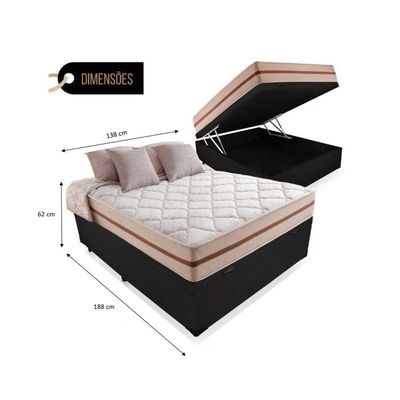 Cama Box Baú Casal Tecido Preto Com Colchão Pillow Angel Bello Box Molas 62x138x188