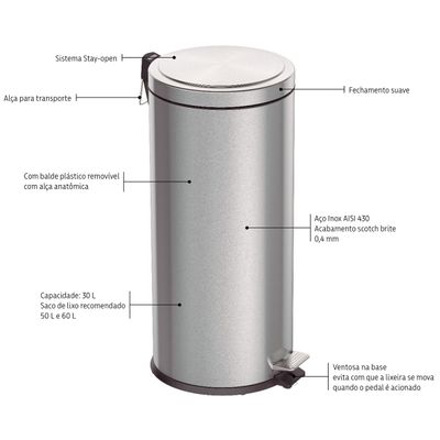 Lixeira Brasil Plus Aço Inox Pedal e Balde Removível 30 Litros - Tramontina 94538/530