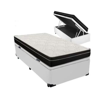 Cama Box Baú Solteiro 88 Tecido Branco Com Colchão Paris De Molas Preto 66x88x188