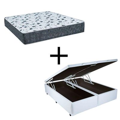 Cama Box Baú Queen 158 Tecido Branco Com Colchão Alegro Bello Box D28 Cinza 58x158x198