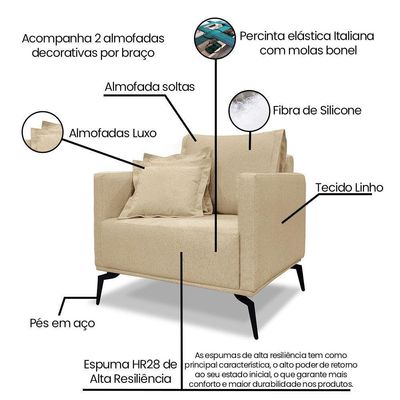 Poltrona Decorativa Livorno Linho Com Pés Em Aço SSX Multicoisas Dourado