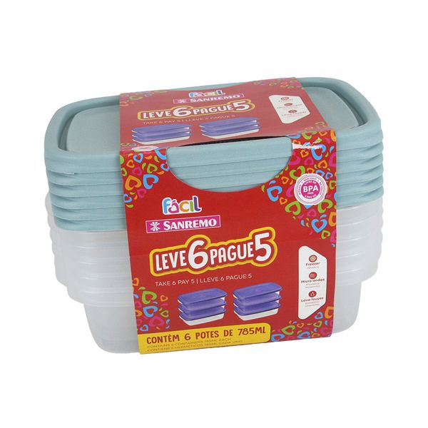 Conjunto de Potes Sanremo Fácil em Plástico Retangular 785ml Leve 6 e Pague 5 - Item Sortido Conjunto de Potes Sanremo Fácil em Plástico Retangular 785ml Leve 6 e Pague 5 - Item Sortido