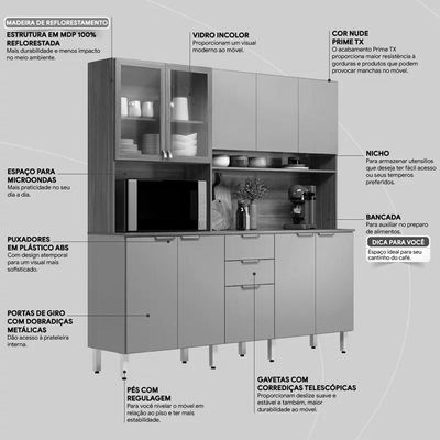 Cozinha Compacta Amora 10 Portas E 2 Gavetas Amêndola-grafito Prime Tx - Demóbile Amêndola-grafito Prime Tx
