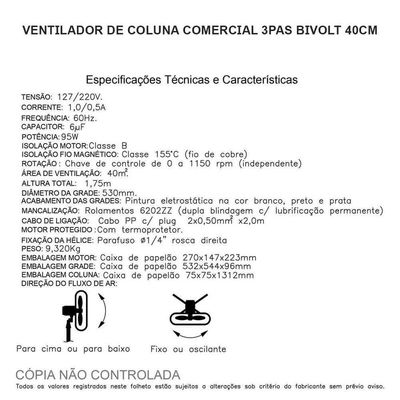 Ventilador de Coluna Comercial 3 Pás Q500C 50cm Qualitas Bivolt