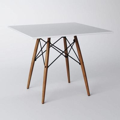 Conjunto De Mesa De Jantar Eames Eiffel Quadrada 90cm Tampo De Madeira Branco Com 4 Cadeiras Brancas