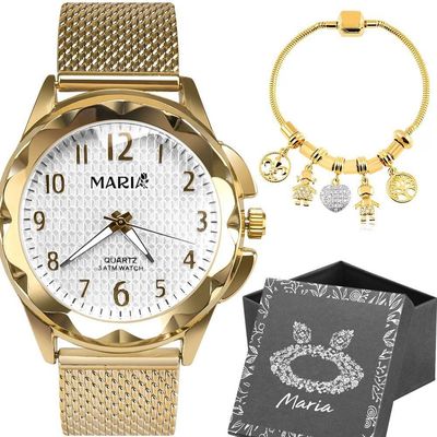 Relogio Feminino Prova Dagua Dourado Aço + Pulseira + Caixa