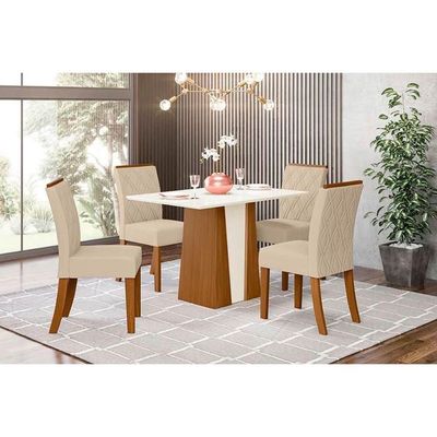 Conjunto Mesa Sala Jantar Orus Com Tampo Madeirado 120x80cm E 4 Cadeiras Vita Nature Off White Linho Bege Henn
