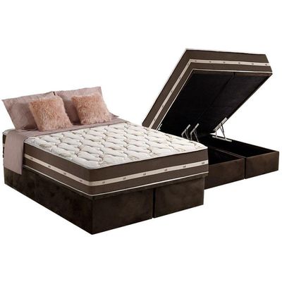Cama Box Baú Queen: Colchão Molas Ensacadas Superlastic Classic + Base Crc Suede Brown (158x198)