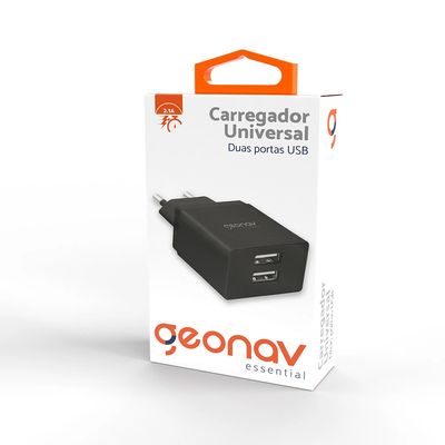 Carregador de Parede Geonav com 2 Saídas USB Entrada 100-240V Saída 3,4A Preto