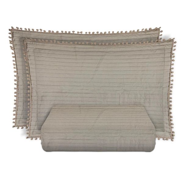 Kit Colcha de Casal Camesa Pompom Poliéster Bege 3 Peças