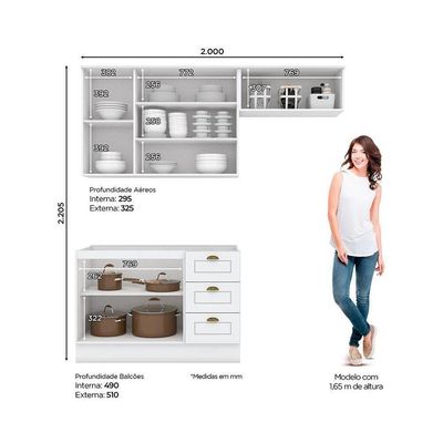 Kit Cozinha Modulada 3 Peças Americana 2 Aéreos + 1 Balcão Sem Pia Cz136 Branco