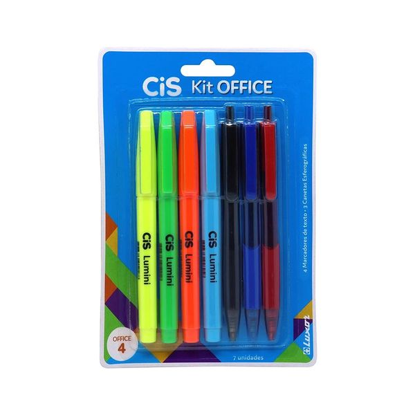 Kit Escrita Office Cis Multicor com 4 Marcadores de Textos e 3 Canetas Colors