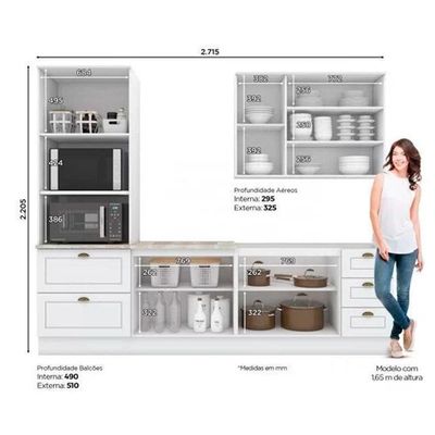 Kit Cozinha Modulada 5 Peças Americana 1 Aéreo + 2 Balcões + 1 Paneleiro + 1 Complemento Sem Pia Cz127 Branco