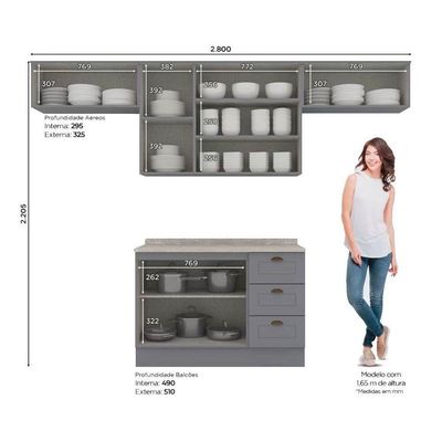 Kit Cozinha Modulada 5 Peças Americana 3 Aéreos + 1 Balcão + 1 Complemento Cz134 Cinza
